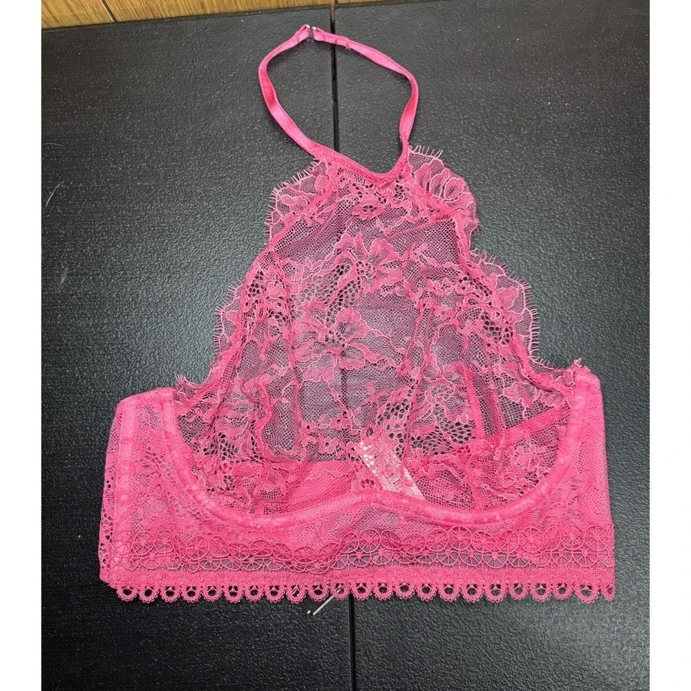 Victorias Secret Bralette 32C Bra Very Sexy‎ High Neck Pink Floral Lace NWT